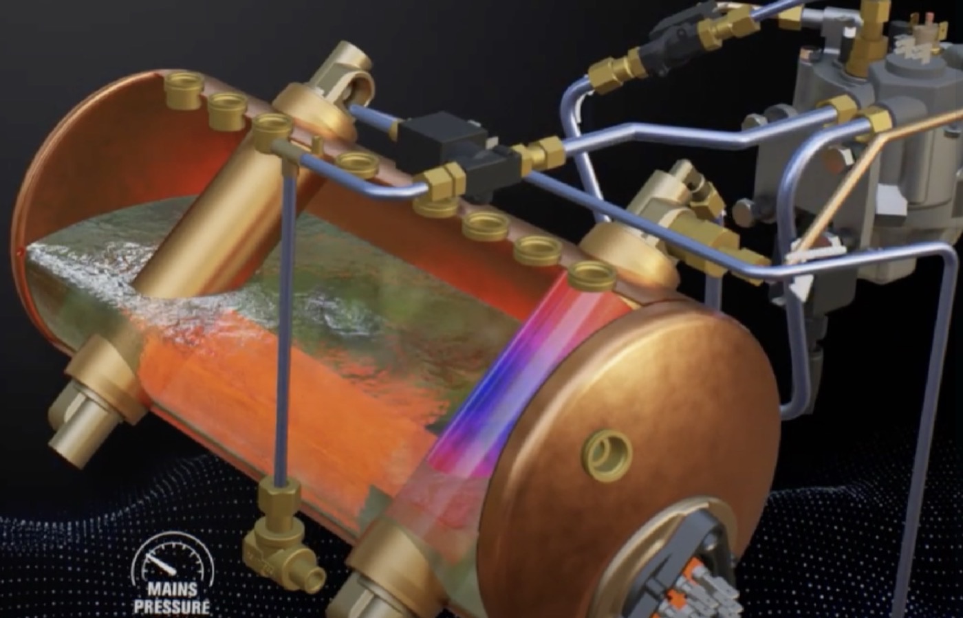 3D cutaway of a multi-boiler espresso machine showing the brew boiler and heating element