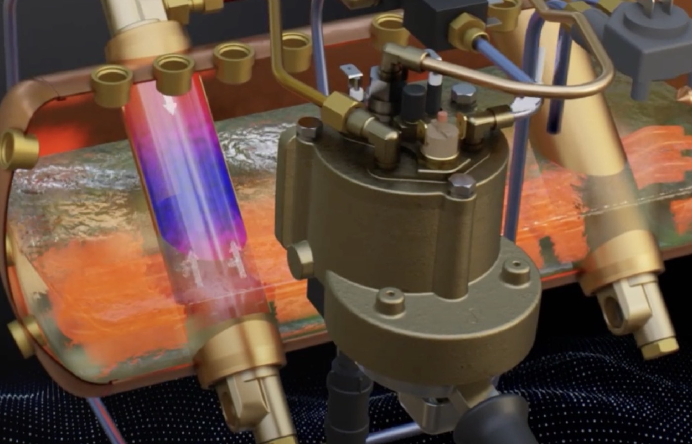 3D cutaway showing hot water circulating from the boiler to the group head